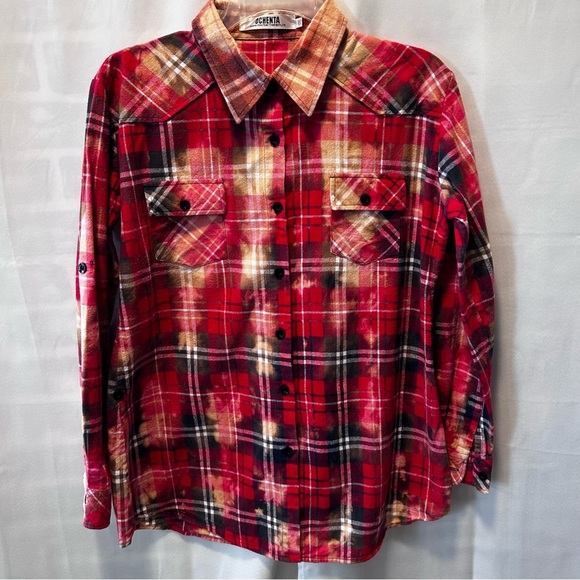 Upcycled Bleached Distressed Red Plaid Button Down Shirt Sz L - Picture 1 of 5